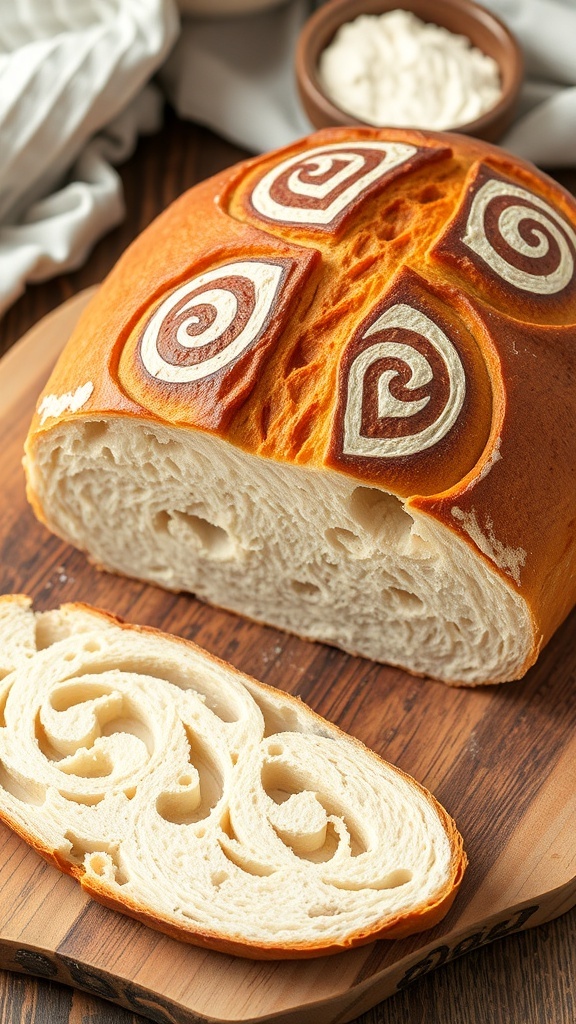 A sourdough loaf with artistic cut designs on a wooden board, slices revealing the airy interior.